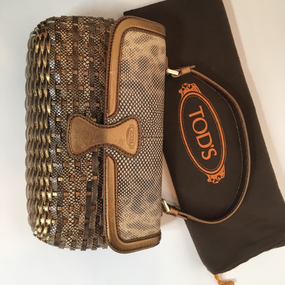 Tod’s Handbag Woven Leather Bronze Beige Small EUC - Picture 3 of 13